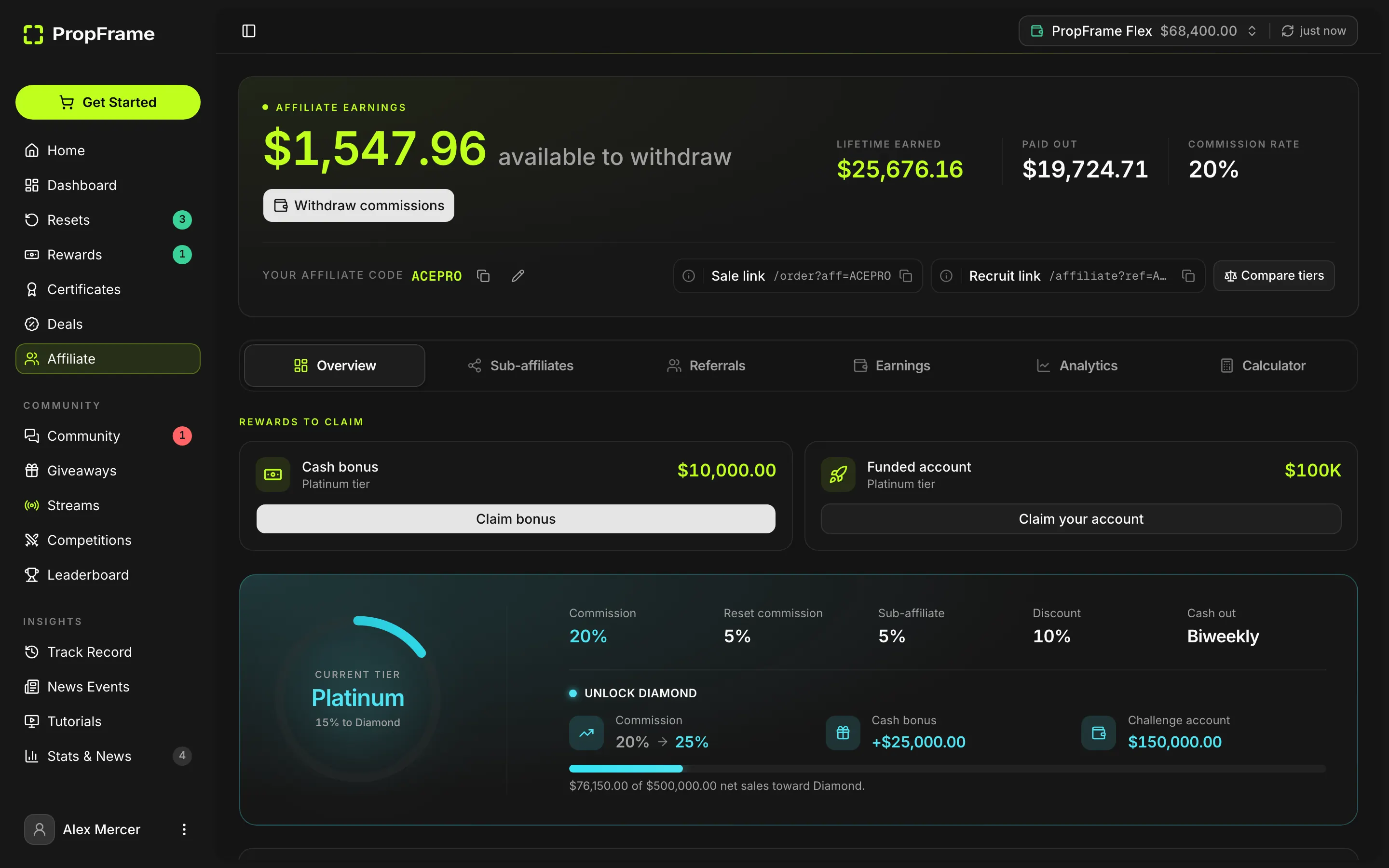 The affiliate portal: available balance, lifetime earnings, the affiliate code and its two share links.
