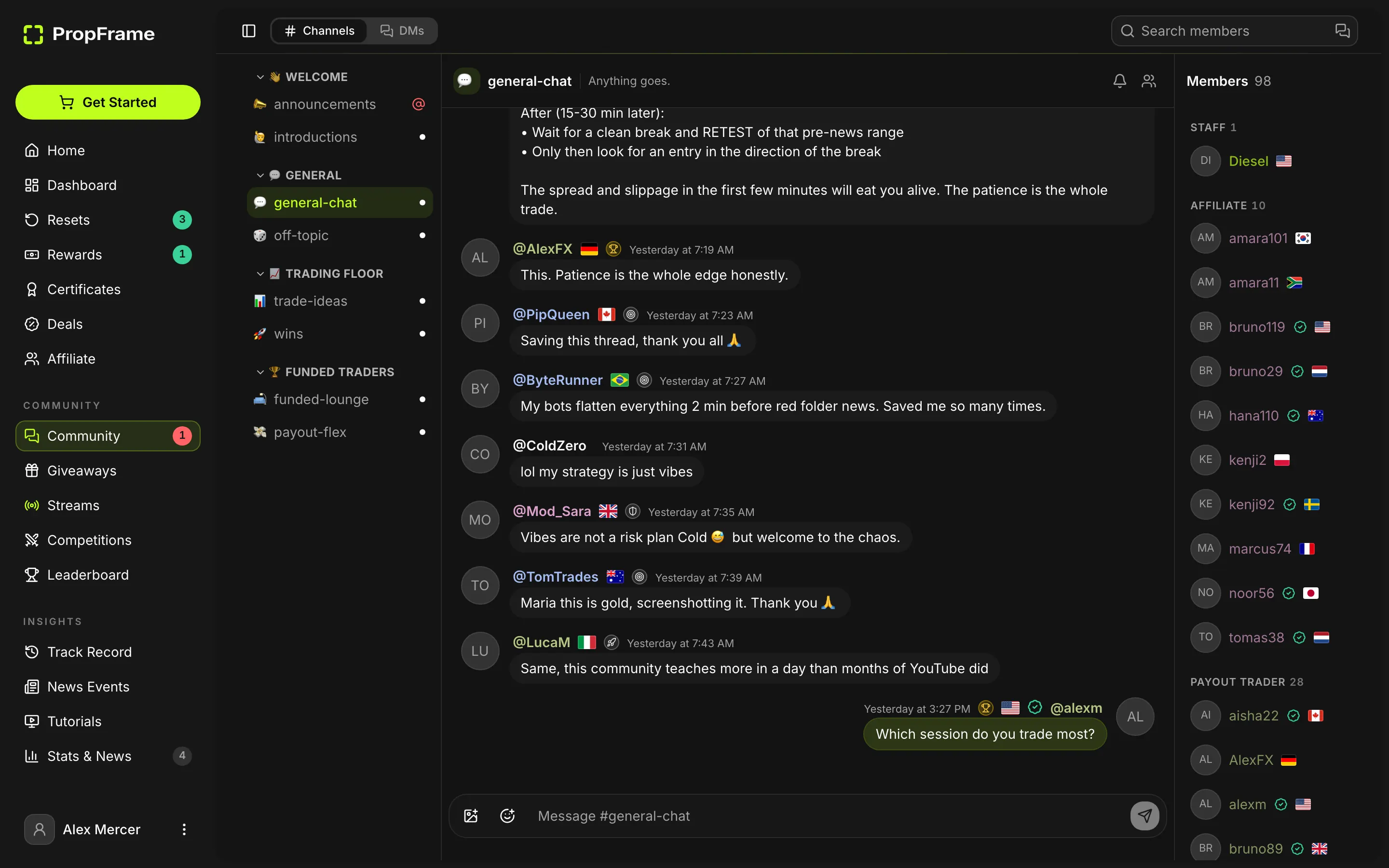 The PropFrame community: channels, message thread, reactions and member roles.
