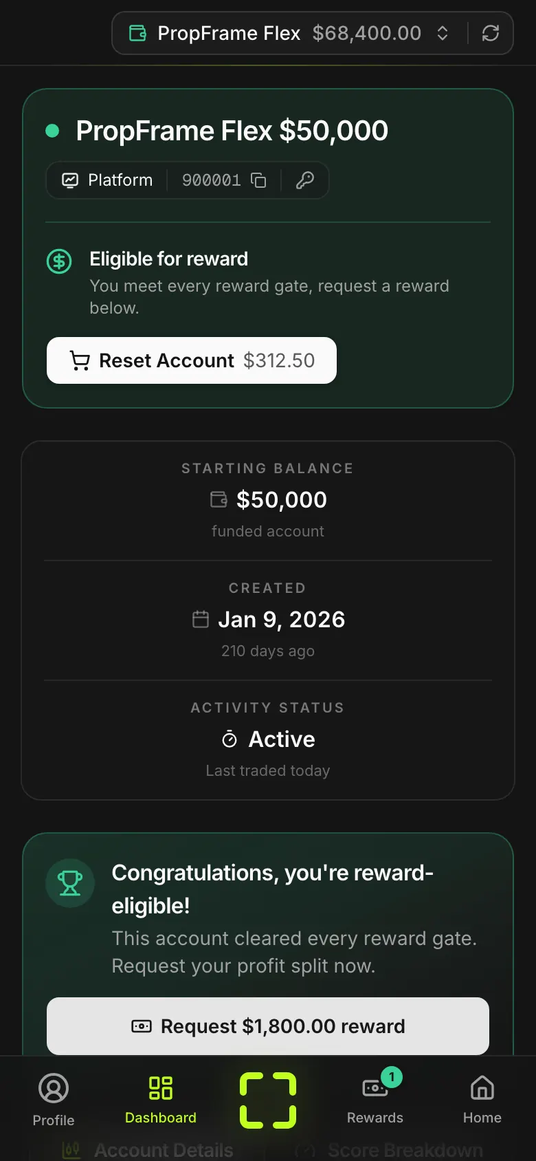 The PropFrame trader dashboard on a phone, with the mobile navigation dock.